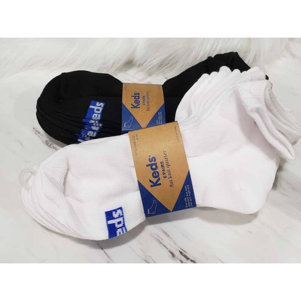 12 TOTAL Keds LOT Flat Knit Quarter Socks Size 6-10 - 2 PACK OF 6 WHITE BLACK